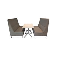 Used Banquet Set w Two Benches and 30×48 Cafe Table, Gray and White